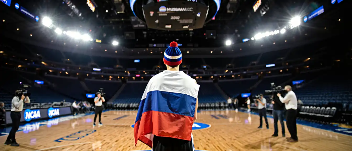 Российские символы на баскетбольной площадке США: Егор Дулкай представил национальную атрибутику во время медиадня в NCAA